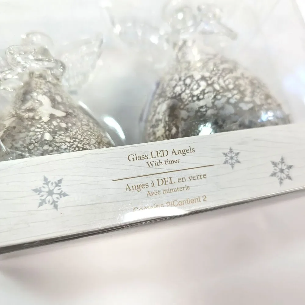 Handblown Mini Set 2 Glass Angels Light Up With Timer Pier One CHRISTMAS Open Bo